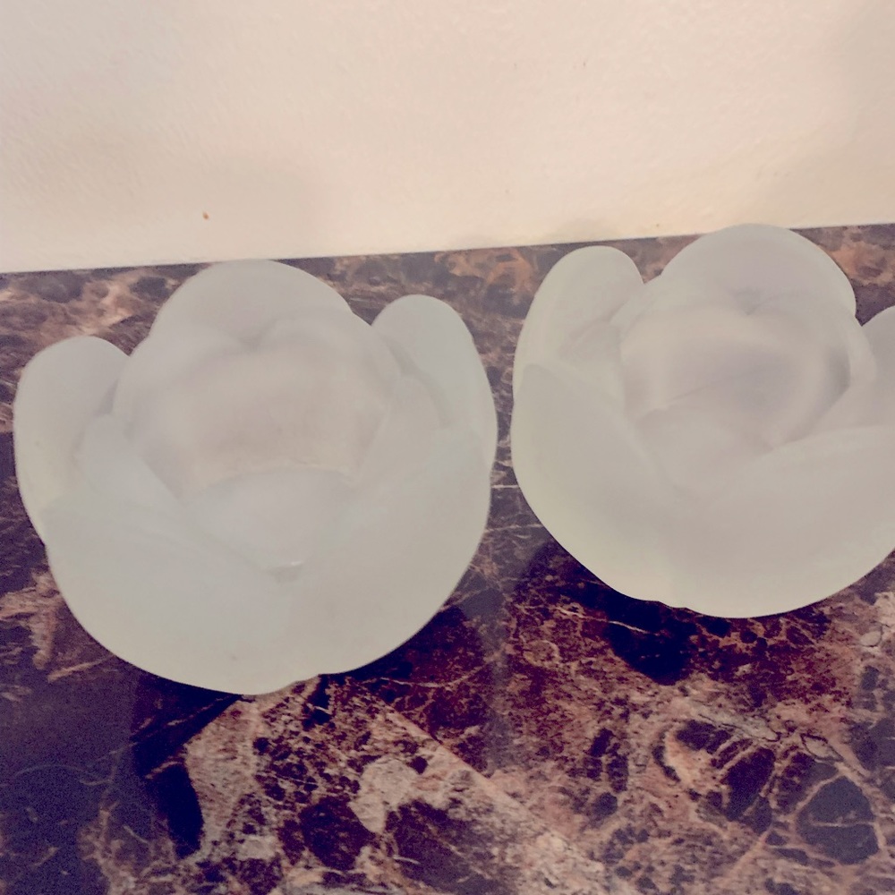 Set of 2 small  frosted glass tulip candle holders